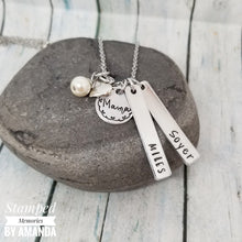 Load image into Gallery viewer, Mom necklace, custom necklace, mom charm necklace, kids names necklace, mom handstamped necklace, mom name necklace