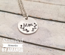 Load image into Gallery viewer, Mom necklace, floral necklace, handstamped mom gift, handstamped mom necklace, mother&#39;s day gift for mom, gifts for her, gifts under $30
