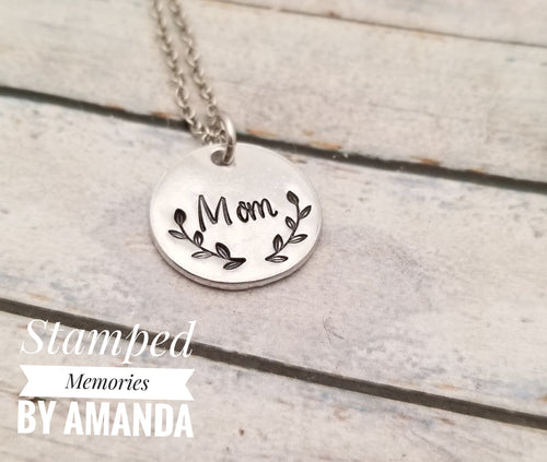 Mom necklace, floral necklace, handstamped mom gift, handstamped mom necklace, mother's day gift for mom, gifts for her, gifts under $30